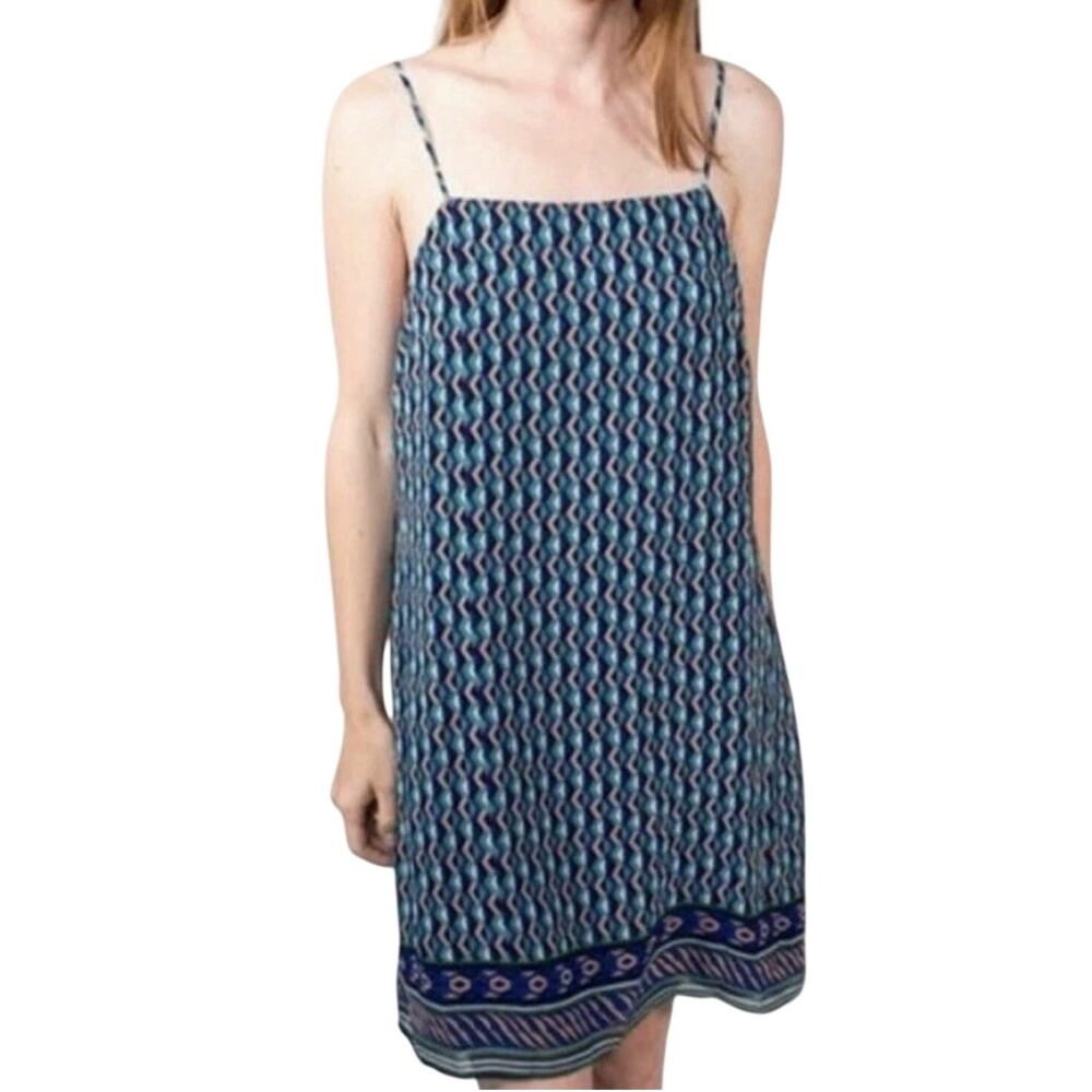 Maeve Anthropologie Silk Teal and Navy Geometric Dress Size Large
